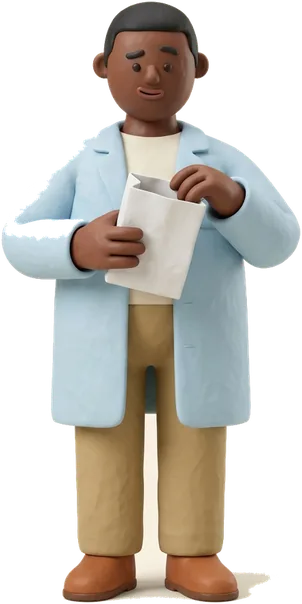 A clay pharmacist holding a filled prescription bag