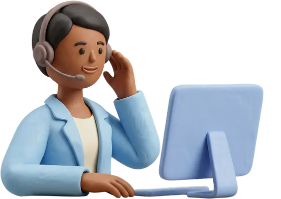 A clay team member at her desk with a headset, ready to answer