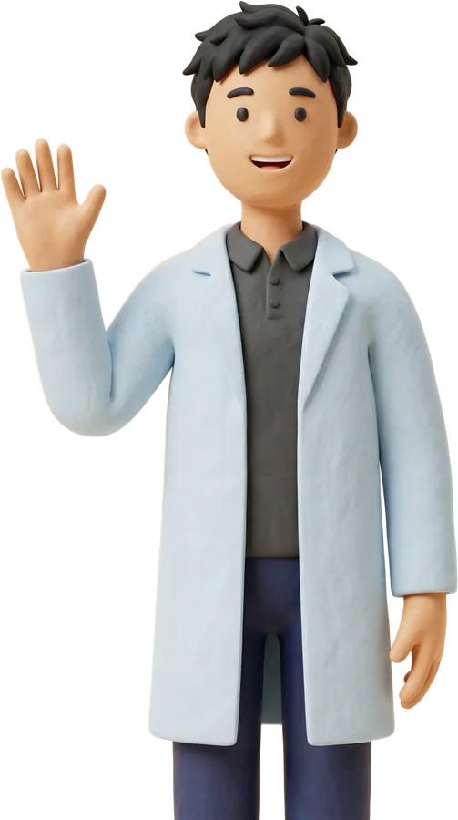 A clay pharmacist waving hello