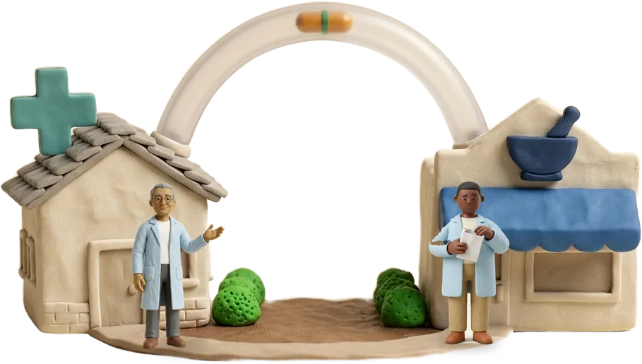 A clay clinic and its pharmacy joined by an arch, a capsule crossing it, a clinician at the clinic door and a pharmacist holding the filled bag