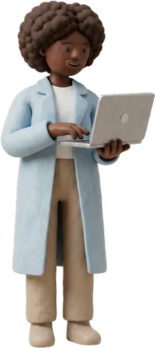 A clay pharmacist on the status table, checking the fill feed on her laptop