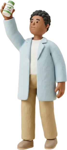A clay pharmacist at the edge of the benefit list, holding up a bottle of vitamins