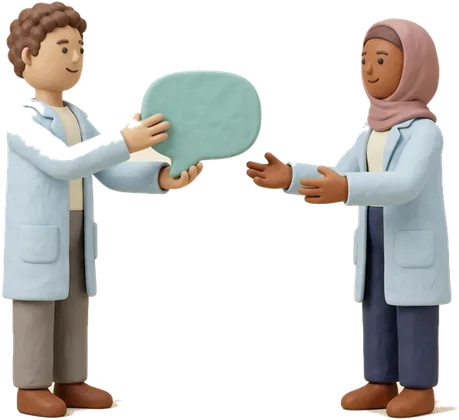 Two clay pharmacy staff passing a message from one to the other