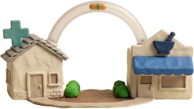 A clay clinic and pharmacy joined by an arch