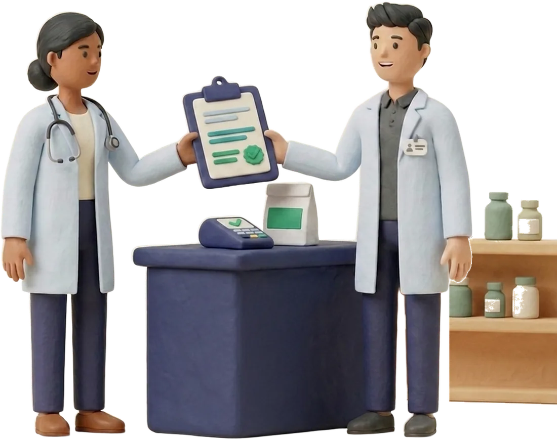 Clay figures of a clinician handing a prescription across the counter to a pharmacist
