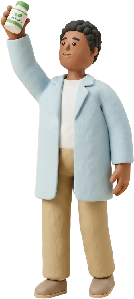 A clay pharmacist holding up a bottle of vitamins