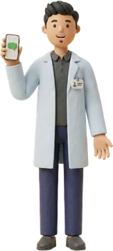 A clay pharmacist holding up a phone with the text