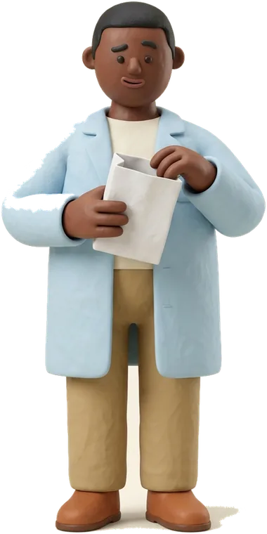 A clay pharmacist at the counter holding a filled prescription bag