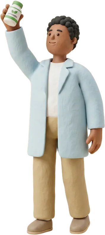A clay pharmacist behind the counter lifting a bottle of vitamins