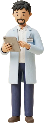 A clay pharmacist standing on the report, checking a fill on his tablet