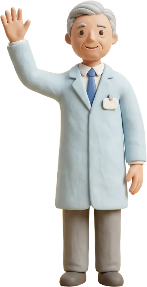 A clay pharmacist waving hello