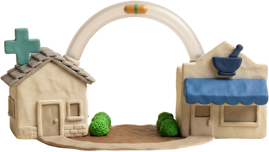 A clay clinic and a clay pharmacy connected by a pneumatic tube carrying a prescription capsule